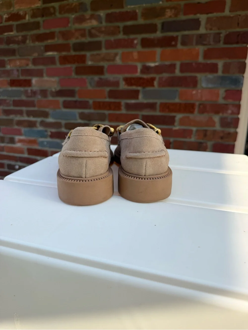 Steve Madden Women’s Suede Loafers in Taupe with Brass Chain